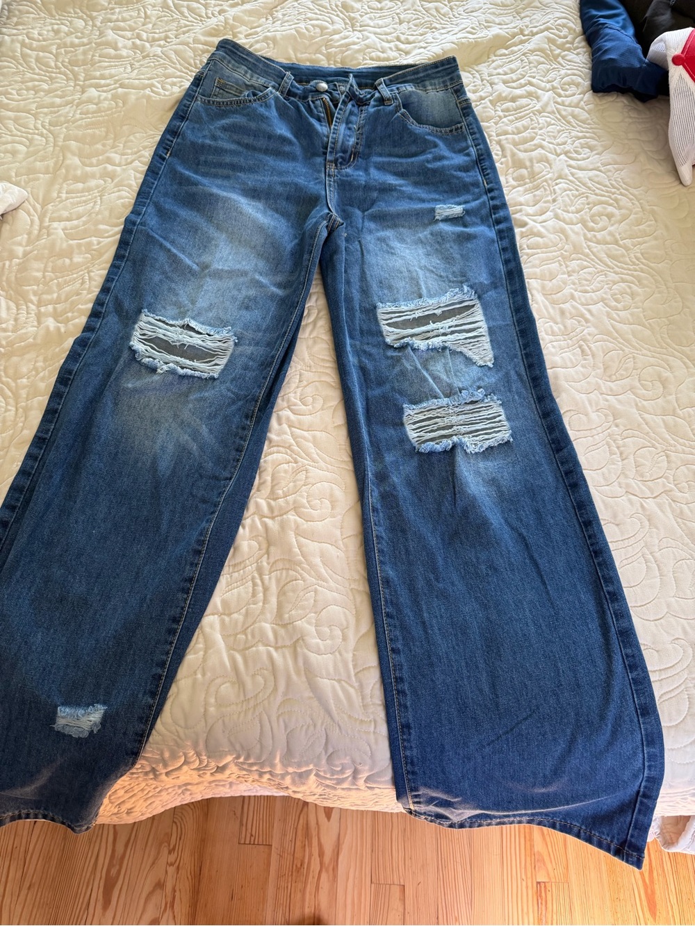 Wide Leg Distressed Women's Jeans - Dark Blue